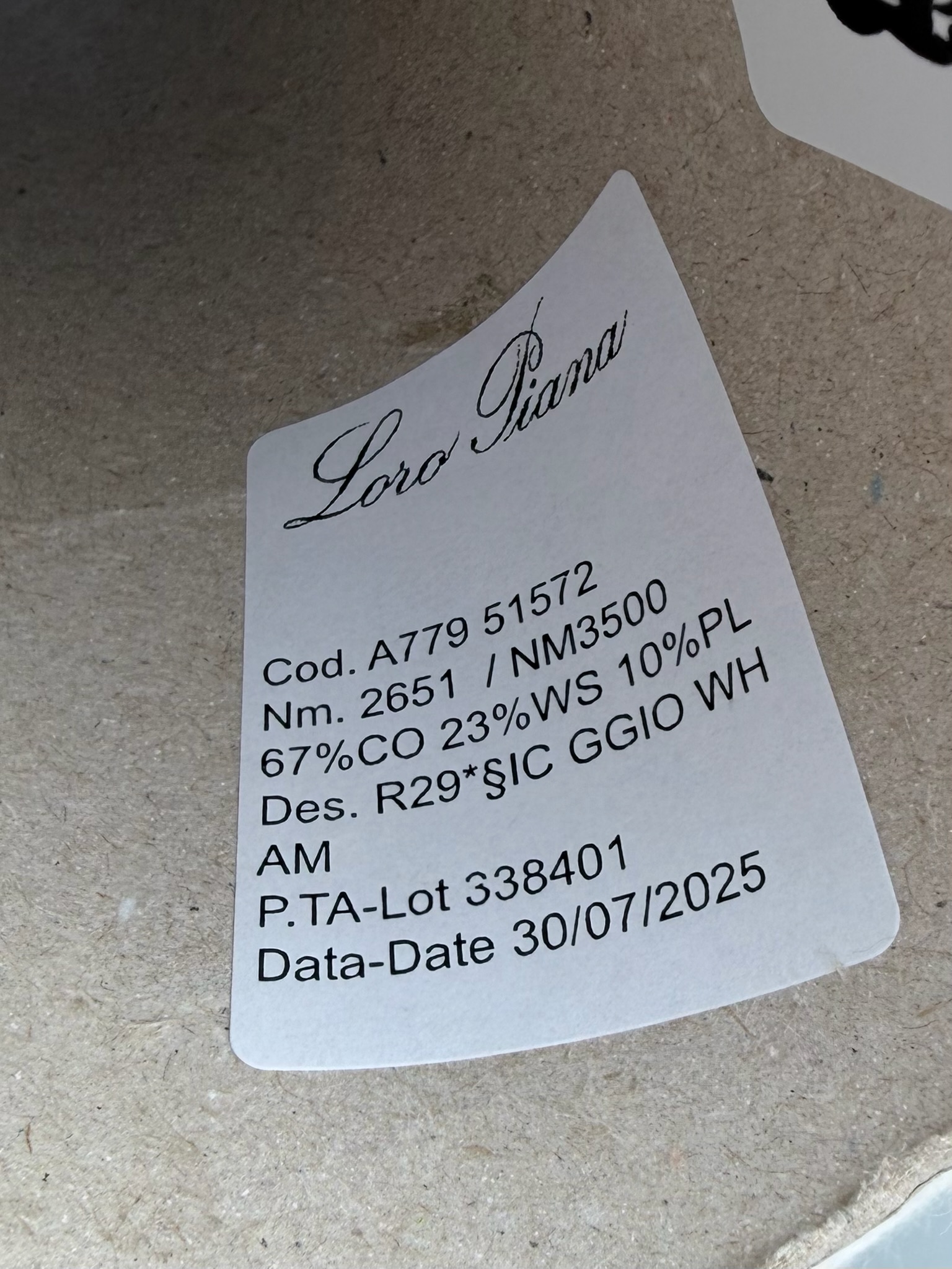 Loro Piana Cod. A779 51572 Nm. 3500 – Baumwolle Kaschmir Garn col. Naturweiss  foto 3
